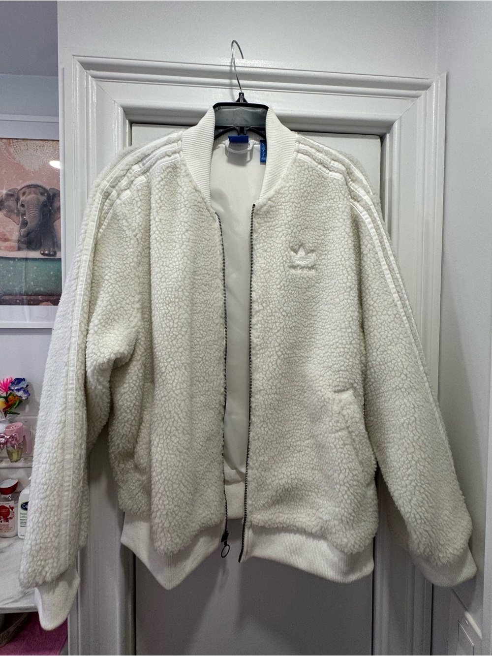 adidas White Sherpa Bomber Jacket with Three-Stripe Detail